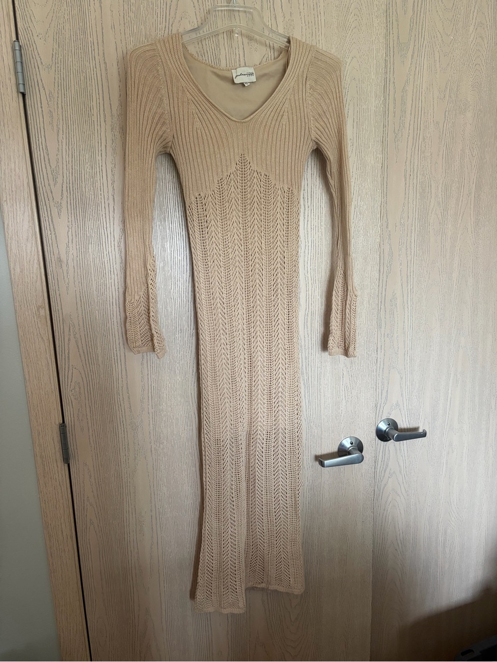 Freshman 1996 Crochet Beige Long-Sleeve Knit Maxi Dress